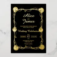 Floral Mandala Elegant Black Gold Foil Wedding Invitation