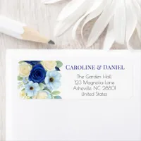 Navy Royal Bue Wedding Watercolor Ivory Flowers Label