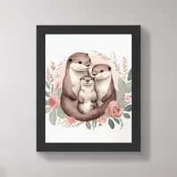 Adorable Otter Family Dusty Rose and Sage Boho Framed Art