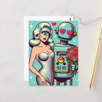 Pop Art Robot and Alien Woman in Love Postcard