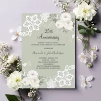White florals sage green 25th wedding anniversary invitation