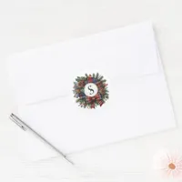 Vintage Plaid Wreath Monogram Christmas Holiday Classic Round Sticker