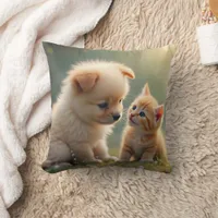 Best friends - cute puppy and kitten in the grass throw pillow