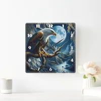 Eagle Perched on Branch Under Moonlit Sky Square Wall Clock