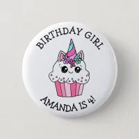 Little Girl's Birthday Girl Unicorn Cupcake Button