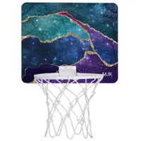 Blue Purple Aqua Gold Veins Agate Monogram Mini Basketball Hoop