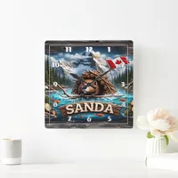 Beaver, Mountain, Flag, Blue Ocean Square Wall Clock