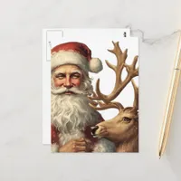 Adorable Vintage Santa and Reindeer Postcard
