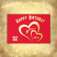 Modern Gold Foil Birthday on Red Monogram Small Foil Guest Book