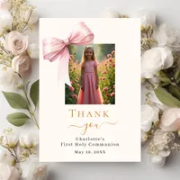 First Communion photo pink bow cream  Thank You Card