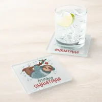 Lazy Sloth Christmas  Glass Coaster