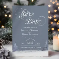 Elegant Winter Wonderland Themed Dusty Blue Snow Save The Date