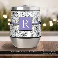 White and Black Floral Pattern: Purple Monogrammed Thermal Wine Tumbler