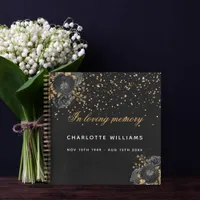 Guest book memorial funeral black gold floral 