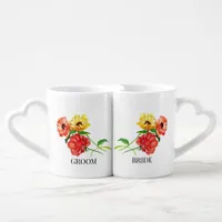 Bride and Groom Red Yellow Gerbera Daisy Coffee Mug Set