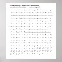 Mondays Script Font Glyphs Contact Sheet Poster