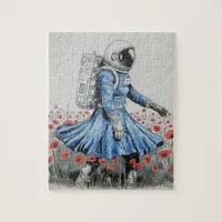  an astronaut in a blue dress walking in poppies jigsaw puzzle