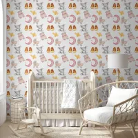 Boho Elephant Moon Buggy Pink Girl Nursery Wallpaper