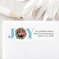 Blue JOY Wreath Christmas Photo Address Label