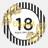 18th birthday black,gold roses white stripes classic round sticker