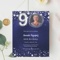 Navy blue silver photo 90th birthday invitation