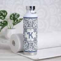 Blue Fancy Floral Pattern Personalized Water Bottle