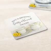 Tea Cup with Yellow Daisie Wedding Love is Brewing Square Paper Coaster