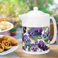 Purple Violet Flowers Watercolor Elegant Floral Teapot