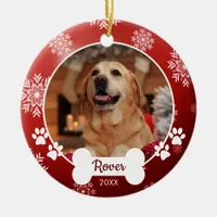 Custom Pet Dog Photo Paw Prints Red Christmas Ceramic Ornament