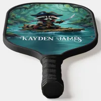 Cute Captain Raccoon Rafting Down the River Pickleball Paddle