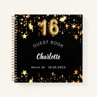Guest book Sweet 16 black gold stars