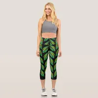 Neon green leaves - fractal art, capri leggings