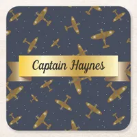 Spitfire Airplanes on Navy Blue Gold Scroll Square Paper Coaster