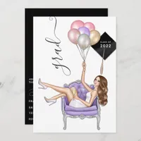 Black and Purple Brunette Balloon Girl Graduation Invitation