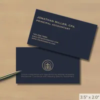 Classic Minimalist Navy Blue Gold Seal Logo Business Card