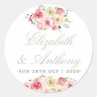 Blush and Sage Green Floral Watercolor Wedding Classic Round Sticker