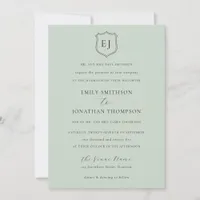 Crest Monogram Initials Sage Green Formal Wedding Invitation