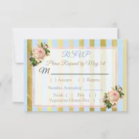 Blue and Gold Floral Striped  Wedding RSVP card