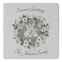 Cute Rabbits in a Floral Winter Wreath Trivet