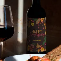 Autumn Leaves Acorns Berries Happy Friendsgiving Wine Label