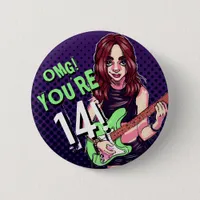 Teen Girl Electric Guitar Purple 14th Birthday Button