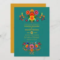 Teal & Mustard Mexican Folk Art Fiesta Wedding Invitation