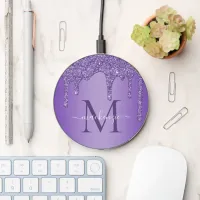 Luxury Purple Glitter Drips Sparkle Monogram Wireless Charger