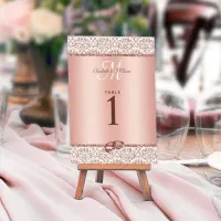 Rose Gold Monogram Damask Glitter Elegant Wedding Table Number