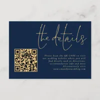 Elegant Gold Script Navy QR Code Wedding Details Enclosure Card