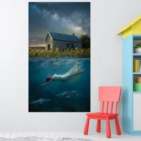 Swimming With Sharks on the Prairie Surreal Art Poster