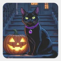 Black Cat and Jack-O-Lantern Halloween Square Sticker