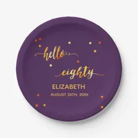 80th birthday purple gold hello 80 name script paper plates