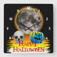 Full Moon, Skull and Blue Pumpkin at Night. Square Wall Clock