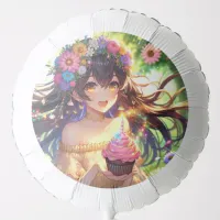 Pretty Anime Girl with Birthday Cupcake Balloon